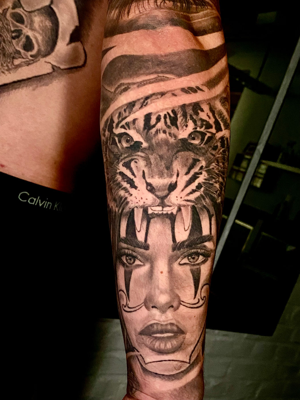 Tiger and chicano woman forearm realism